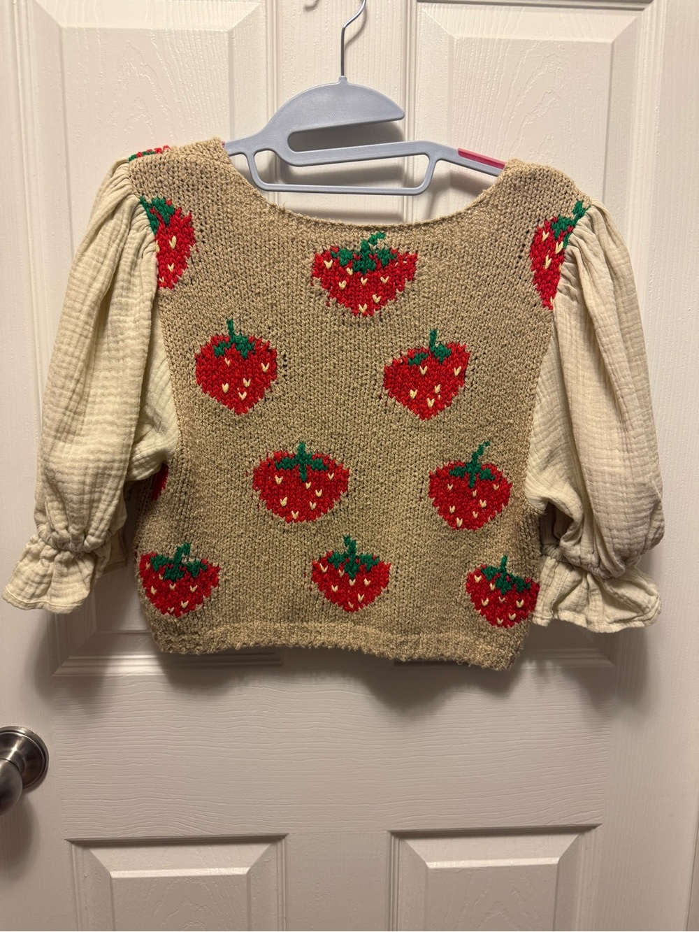 Free People Cream Puff-Sleeve Blouse with Tan Strawberry Knit Vest - Picture 3 of 7